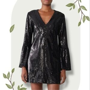 Nanette Lepore Sestina Black Sequin Bell Sleeve Party Cocktail Mini Dress- 4